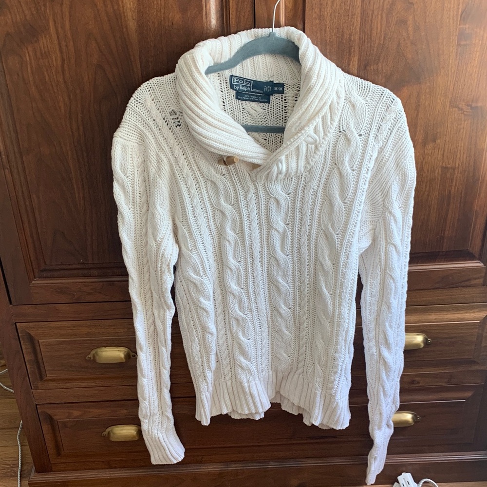 White Cable Knit Shawl Collar Sweater
